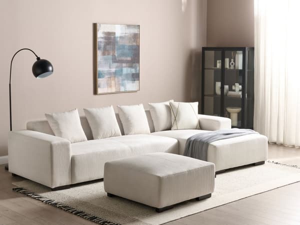 Venstrehånds hjørnesofa med puff Off-White Corduroy L-formet 4-seters Jumbo Cord med puter Moderne design