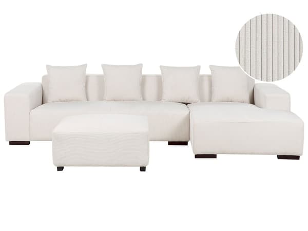 Venstrehånds hjørnesofa med puff Off-White Corduroy L-formet 4-seters Jumbo Cord med puter Moderne design