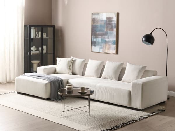 Høyrehånds Hjørnesofa Offwhite Kordfløyel L-formet 4-seter Jumbo Cord med puter Moderne design