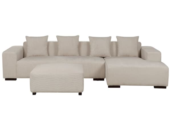 Venstrehånds hjørnesofa med puff Beige Corduroy L-formet 4-seters Jumbo Cord med puter Moderne design