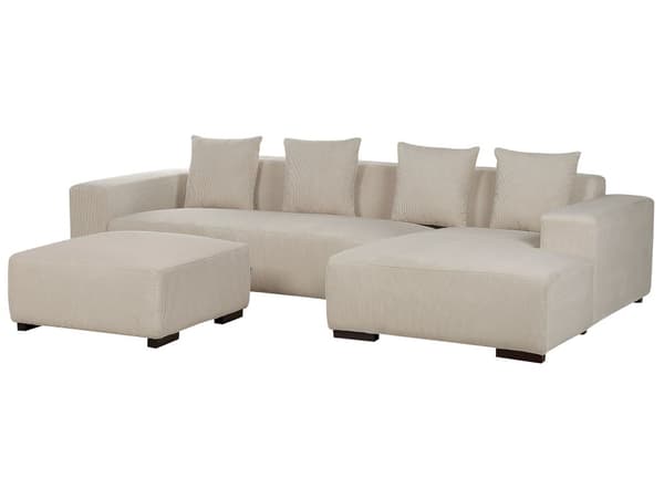 Venstrehånds hjørnesofa med puff Beige Corduroy L-formet 4-seters Jumbo Cord med puter Moderne design
