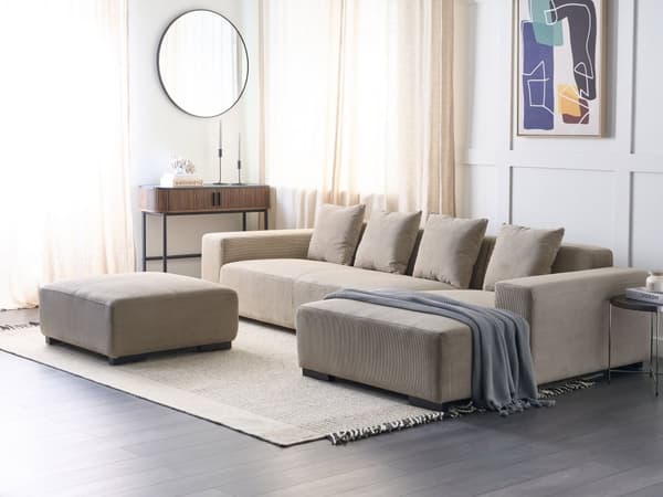 Venstrehånds hjørnesofa med puff Beige Corduroy L-formet 4-seters Jumbo Cord med puter Moderne design