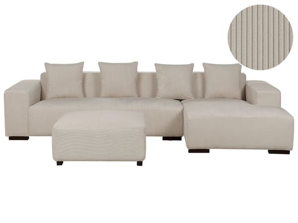 Venstrehånds hjørnesofa med puff Beige Corduroy L-formet 4-seters Jumbo Cord med puter Moderne design