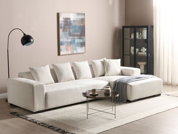 Venstrehånds Hjørnesofa Off-white Kordfløyel L-formet 4-seter Jumbo Cord med puter Moderne design
