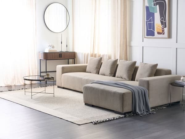 Venstrehånds Hjørnesofa Beige Kordfløyel L-formet 4-seter Jumbo Cord med puter Moderne design