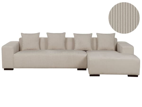 Venstrehånds Hjørnesofa Beige Kordfløyel L-formet 4-seter Jumbo Cord med puter Moderne design