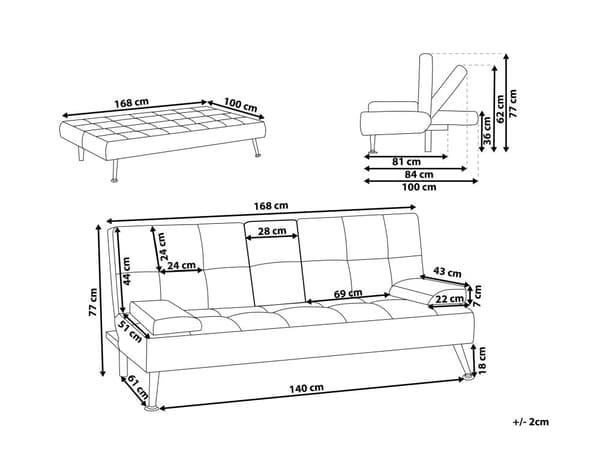 Sovesofa beige 168 x 77 x 81 cm stofbetrukket 3-personers justerbar
