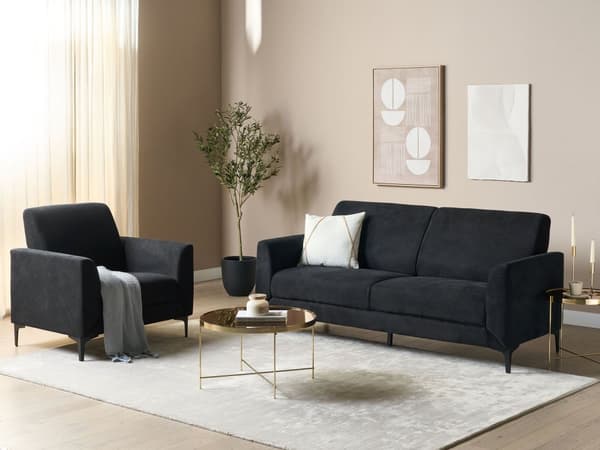 Soffa Svart Tyg Polyester Klädsel Svarta Ben 3 Sits Retro Stil Vardagsrumsmöbler