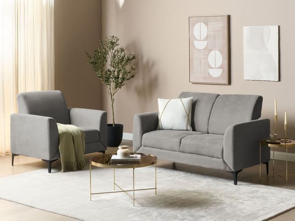 Soffa Grå Tyg Polyester Klädsel Svarta Ben 2 Sits Loveseat Retro Stil Vardagsrumsmöbler