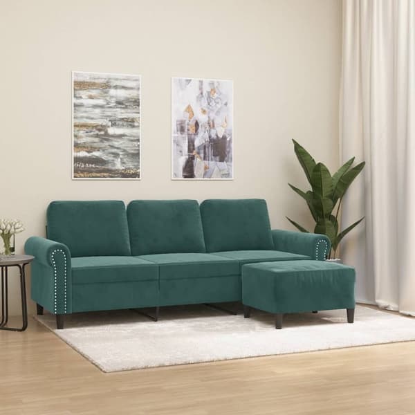 vidaXL 3-personers sofa med fodskammel 180 cm velour Mørkegrøn