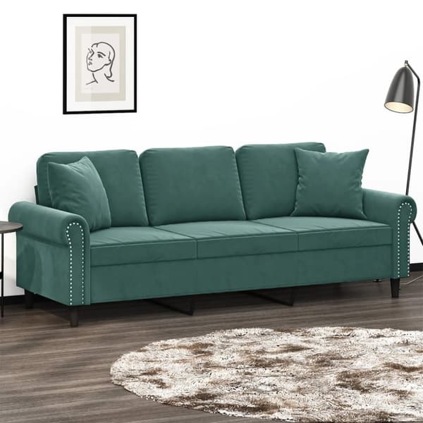 vidaXL 3-personers sofa med pyntepuder 180 cm velour mørkegrøn