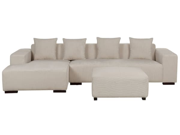 Höger hörnsoffa med ottoman Beige Manchester L-formad 4-sits med prydnadskuddar Modern design