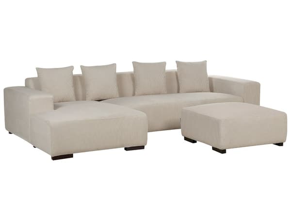 Höger hörnsoffa med ottoman Beige Manchester L-formad 4-sits med prydnadskuddar Modern design