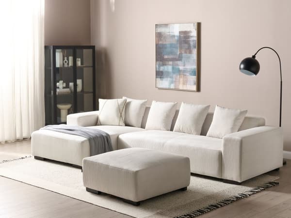 Höger hörnsoffa med ottoman Off-White Manchester L-formad 4-sits med prydnadskuddar Modern design