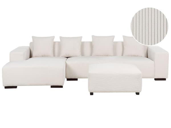 Höger hörnsoffa med ottoman Off-White Manchester L-formad 4-sits med prydnadskuddar Modern design