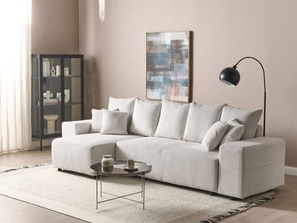 Höger hörn Soffa Ljusbeige Manchester 3 Sits Extra Prydnadskuddar Modernt Vardagsrum