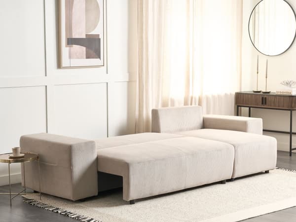 Sovesofa med Chaiselong Taupe 3 Personers Sofa L Formet Dyb Sofaseng Siddemøbel Blød Stofsofa Design Hjørnesovesofa med Opbevaring