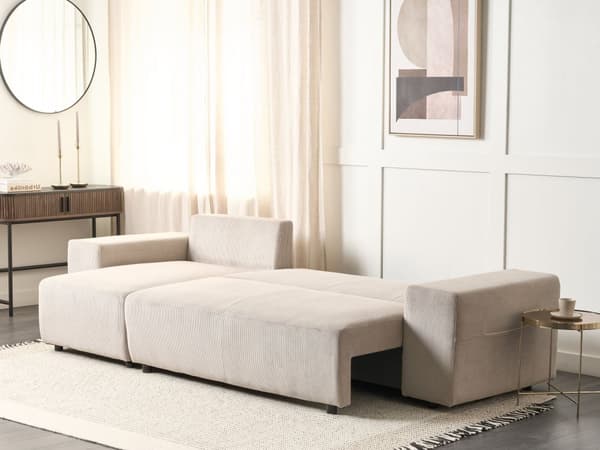 Sovesofa med Chaiselong Taupe 3 Personers Sofa L Formet Dyb Sofaseng Siddemøbel Blød Stofsofa Design Hjørnesovesofa med Opbevaring