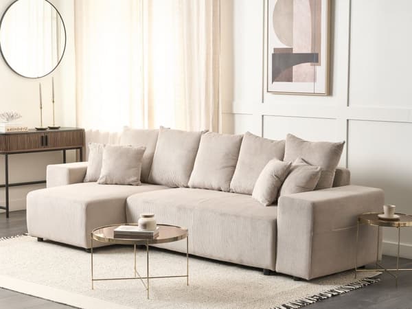 Sovesofa med Chaiselong Taupe 3 Personers Sofa L Formet Dyb Sofaseng Siddemøbel Blød Stofsofa Design Hjørnesovesofa med Opbevaring
