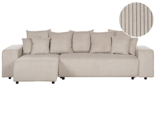 Sovesofa med Chaiselong Taupe 3 Personers Sofa L Formet Dyb Sofaseng Siddemøbel Blød Stofsofa Design Hjørnesovesofa med Opbevaring