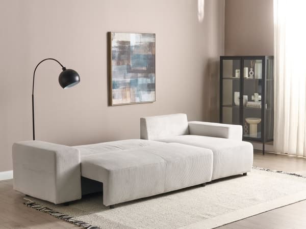 Sovesofa med Chaiselong Beige 3 Personers Sofa L Formet Dyb Sofaseng Siddemøbel Blød Stofsofa Design Hjørnesovesofa med Opbevaring