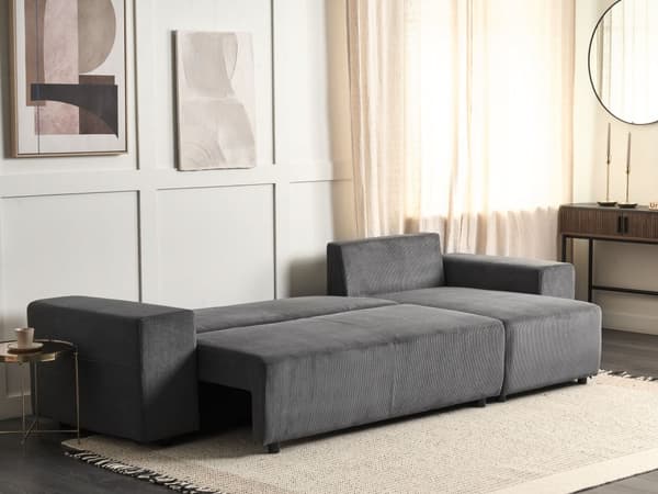 Sovesofa med Chaiselong Grå 3 Personers Sofa L Formet Dyb Sofaseng Siddemøbel Blød Stofsofa Design Hjørnesovesofa med Opbevaring