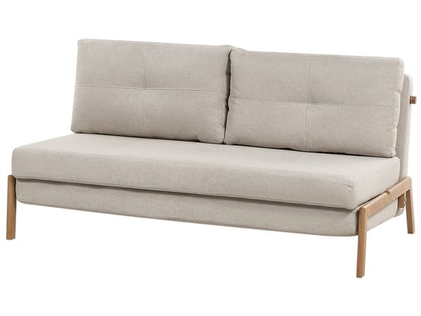 Vuodesohva beige kangas verhoiltu metallijalat kahdelle levitettävä käsinojaton tuftattu skandinaavinen