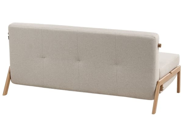 Vuodesohva beige kangas verhoiltu metallijalat kahdelle levitettävä käsinojaton tuftattu skandinaavinen
