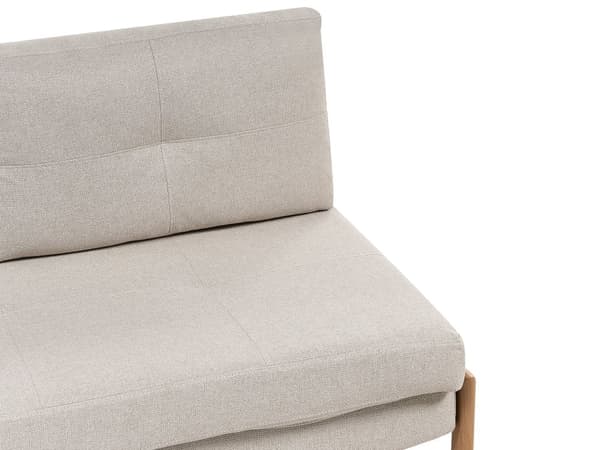 Vuodesohva beige kangas verhoiltu metallijalat kahdelle levitettävä käsinojaton tuftattu skandinaavinen