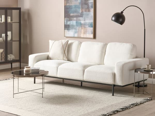 Sofa Hvit Boucle Svart Metallben 215 x 87 x 72 cm 3 Seter Klassisk Sofa Sofa Stue Moderne