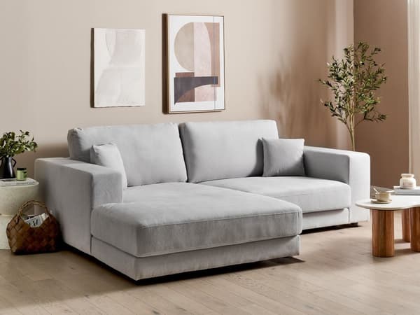 Hjørnesofa med Chaiselong Grå Polyester 3 Personers Sofa L Formet Dyb Sofahjørne Siddemøbel Blød Stofsofa Højrevendt