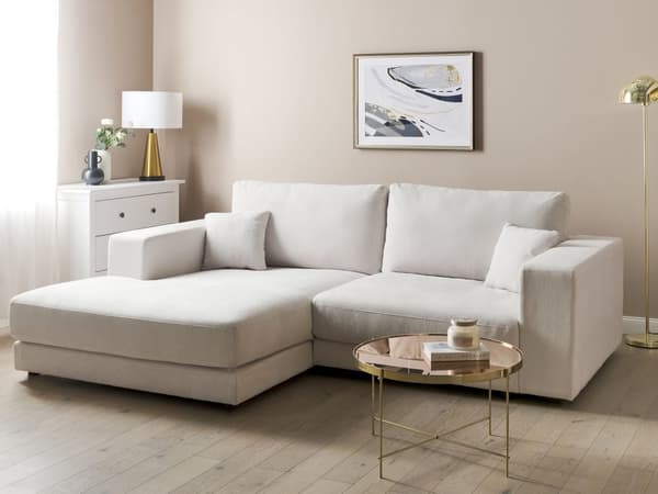 Hjørnesofa med Chaiselong Hvid Polyester 3 Personers Sofa L Formet Dyb Sofahjørne Siddemøbel Blød Stofsofa Højrevendt