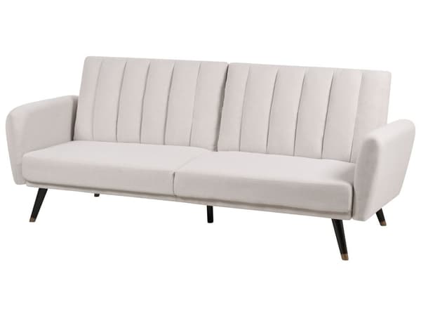 Vuodesohva beige kolmelle kangasverhoilu puujalat tikattu säädettävä selkänoja retro