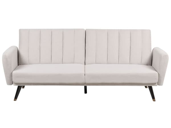 Vuodesohva beige kolmelle kangasverhoilu puujalat tikattu säädettävä selkänoja retro