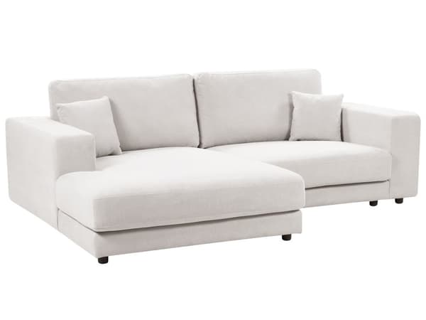 Høyresidig 3-seters hjørnesofa Hvit stoffpolstring Skinnarmlener Ekstra puter Minimalistisk, moderne stil