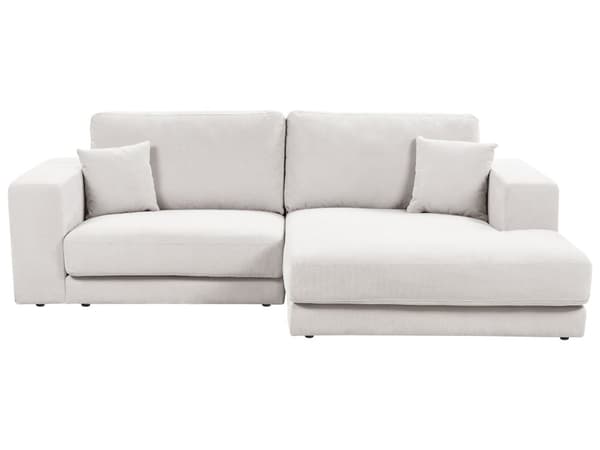 Venstresidig 3-seters hjørnesofa Hvit stoffpolstring Skinnarmlener Ekstra puter Minimalistisk, moderne stil