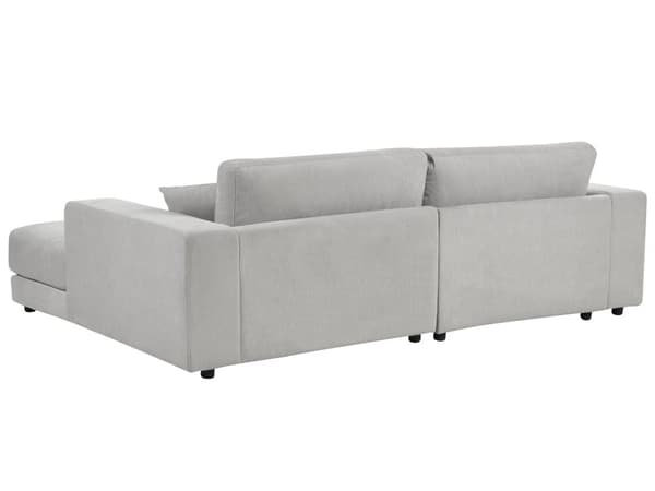 Høyresidig 3-seters hjørnesofa Lysegrå stoffpolstring Skinnarmlener Ekstra puter Minimalistisk, moderne stil