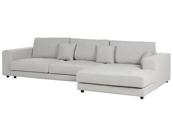 Venstre 4-seters hjørnesofa i lysegrått stoff Polstret med skinnarmlener Ekstra puter Minimalistisk moderne stil