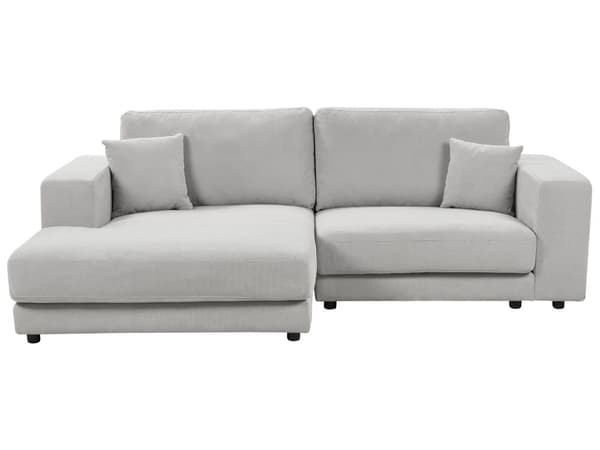 Høyresidig 3-seters hjørnesofa Lysegrå stoffpolstring Skinnarmlener Ekstra puter Minimalistisk, moderne stil