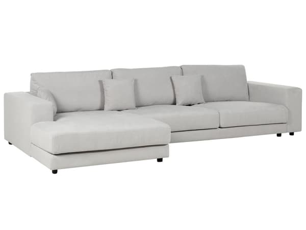 Høyre 4-seters hjørnesofa i lysegrått stoff Polstret med skinnarmlener Ekstra puter Minimalistisk moderne stil