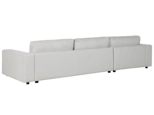 Høyre 4-seters hjørnesofa i lysegrått stoff Polstret med skinnarmlener Ekstra puter Minimalistisk moderne stil