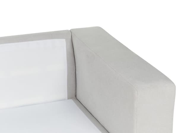 Høyre 4-seters hjørnesofa i lysegrått stoff Polstret med skinnarmlener Ekstra puter Minimalistisk moderne stil