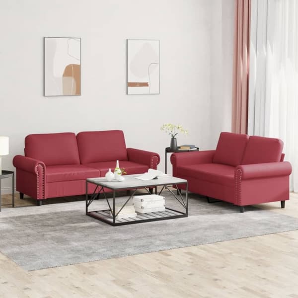 vidaXL sofasæt 2 dele med hynder kunstlæder vinrød
