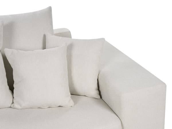 Kulmasohva vaalea beige kolmelle kangasverhoilu vasen säilytystila koristetyynyt moderni