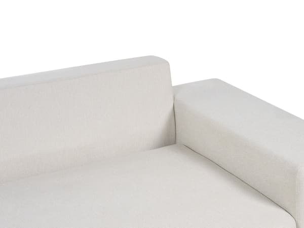 Kulmasohva vaalea beige kolmelle kangasverhoilu vasen säilytystila koristetyynyt moderni