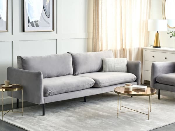 Sofa Grått fløyelsstoff Svarte ben 3-seters putesete Moderne retrostil