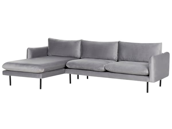 Hjørnesofa i grått fløyelsstoff og svarte ben Moderne retrostil