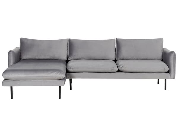 Hjørnesofa i grått fløyelsstoff og svarte ben Moderne retrostil