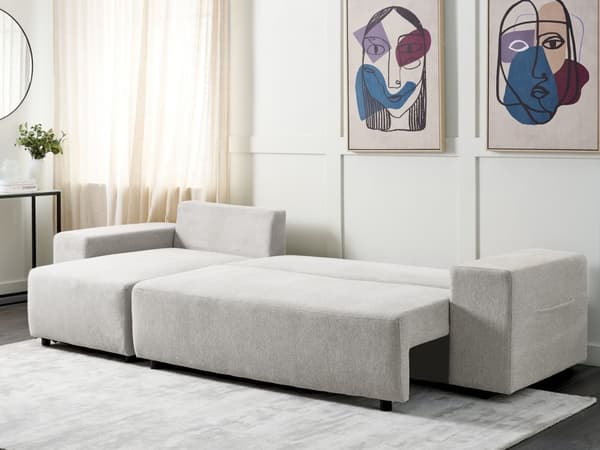 Høyrevendt sofa Lysegrå Stoff 3-seter Ekstra pynteputer Oppbevaring Sovefunksjon Moderne design Stue