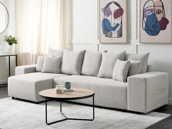 Høyrevendt sofa Lysegrå Stoff 3-seter Ekstra pynteputer Oppbevaring Sovefunksjon Moderne design Stue
